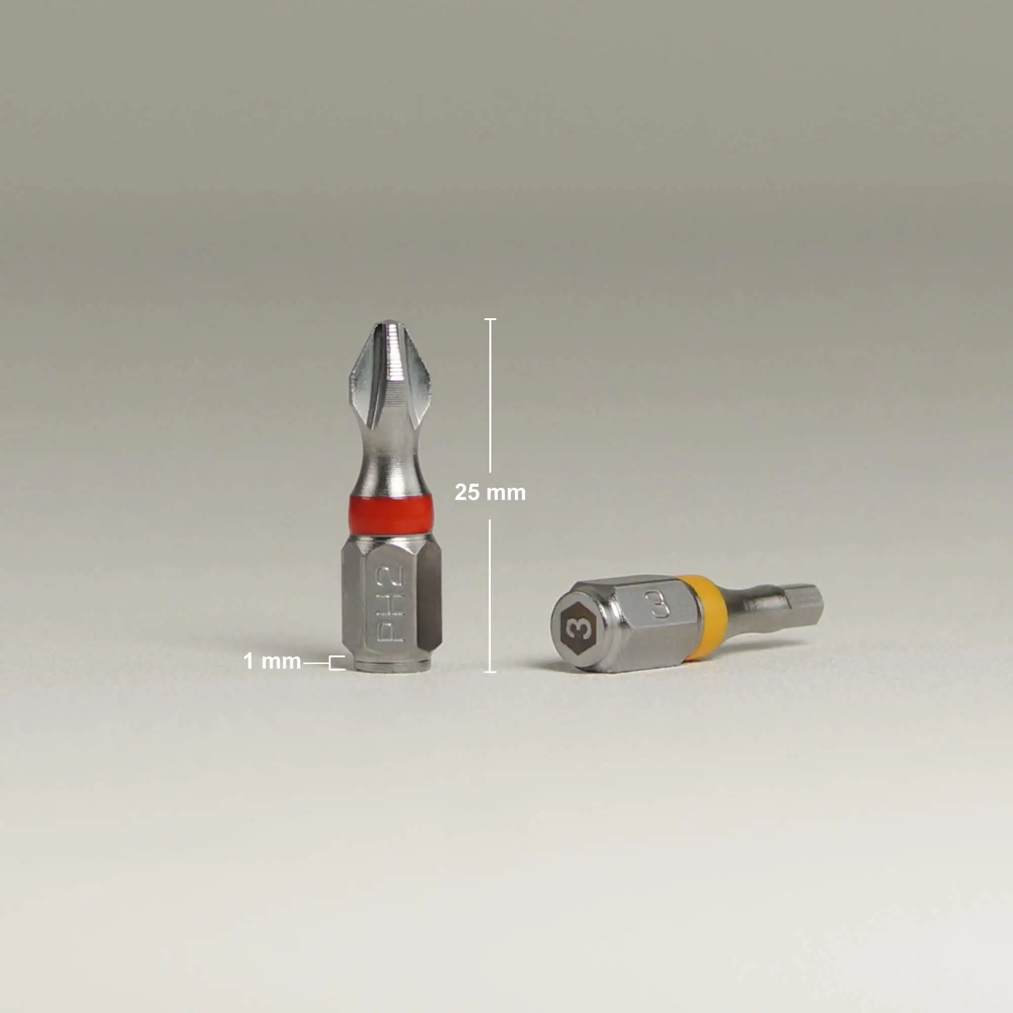 Digital render of 9pcs 711L color‑coded 1/4” bits fanned out to highlight laser‑engraved size markings - for instant identification