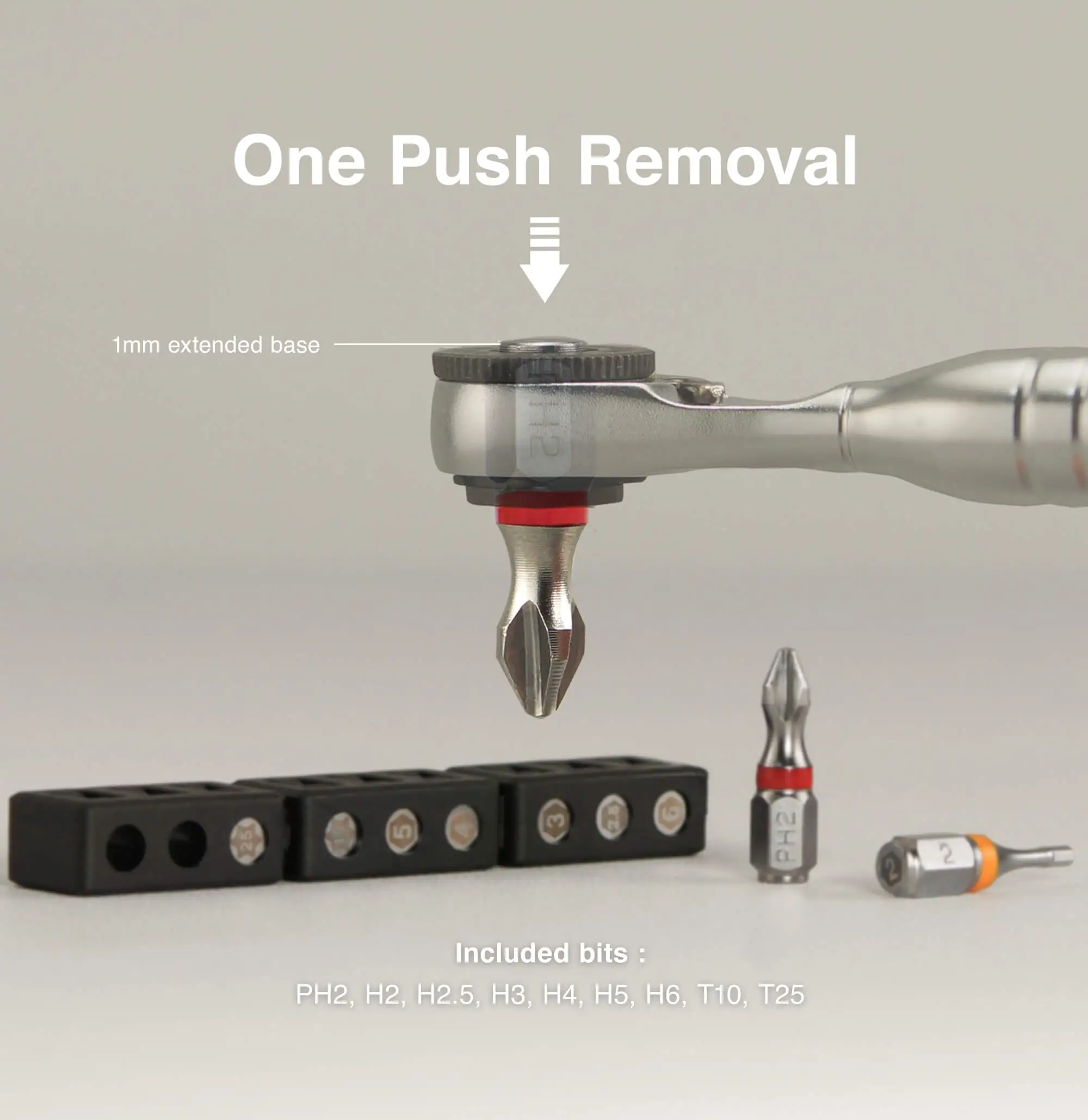 Render of the one-push removal feature on the extra 1 mm base of a 711L bit from the 9pcs color‑coded 1/4” set - part of the quick & easy removal design